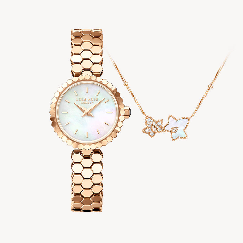 Honeycomb Mother of Pearl Watch & Ivy Necklace Gift Set
